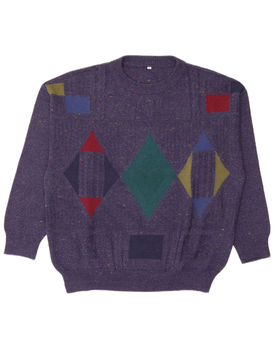 Vintage męski sweter z okrągłym dekoltem, średni granatowy, geometryczny wełniany