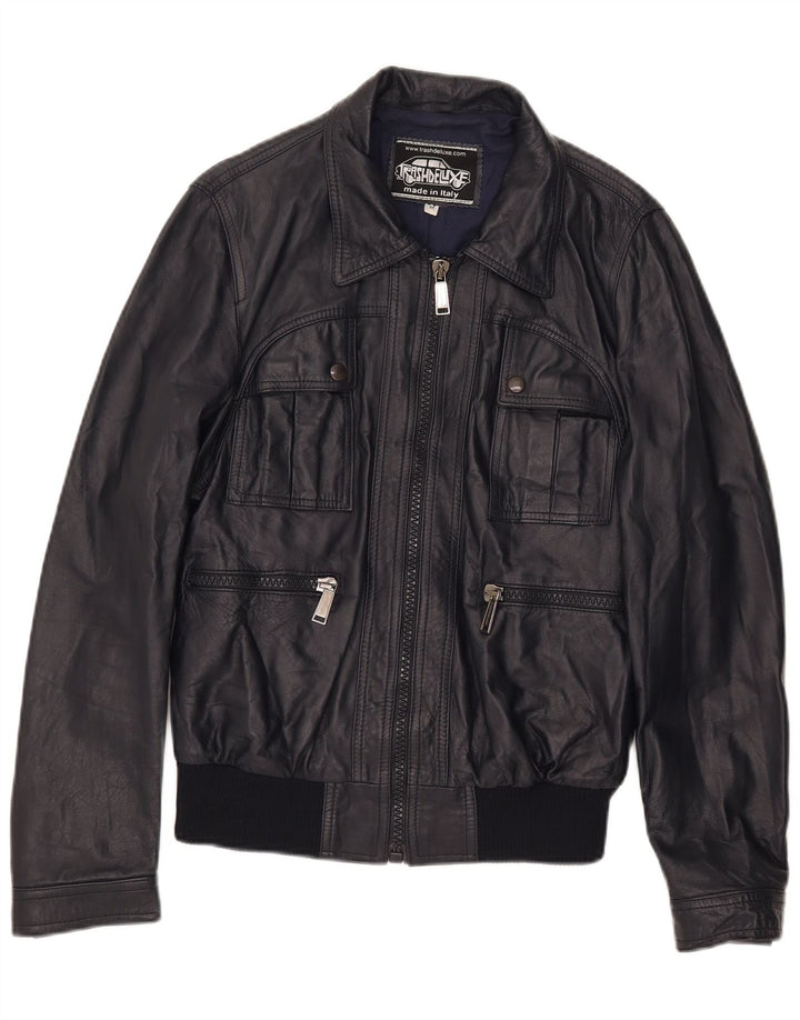 Vintage męska kurtka skórzana bomber UK 38, średnia granatowa skóra