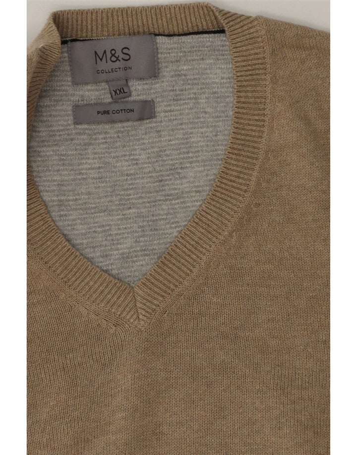 Marks & Spencer Męski sweter z dekoltem w kształcie litery V, 2XL, beżowy, bawełniany