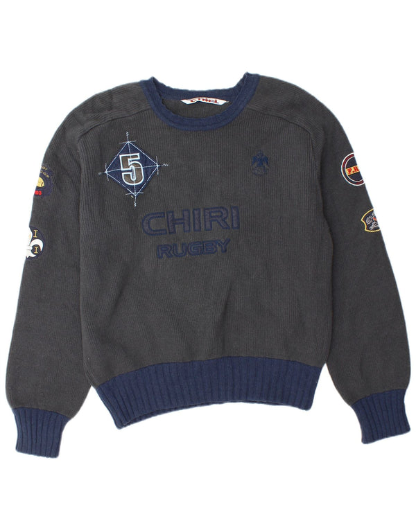 Vintage męski sweter do rugby z grafiką i okrągłym dekoltem, duży, szary, z owczej wełny