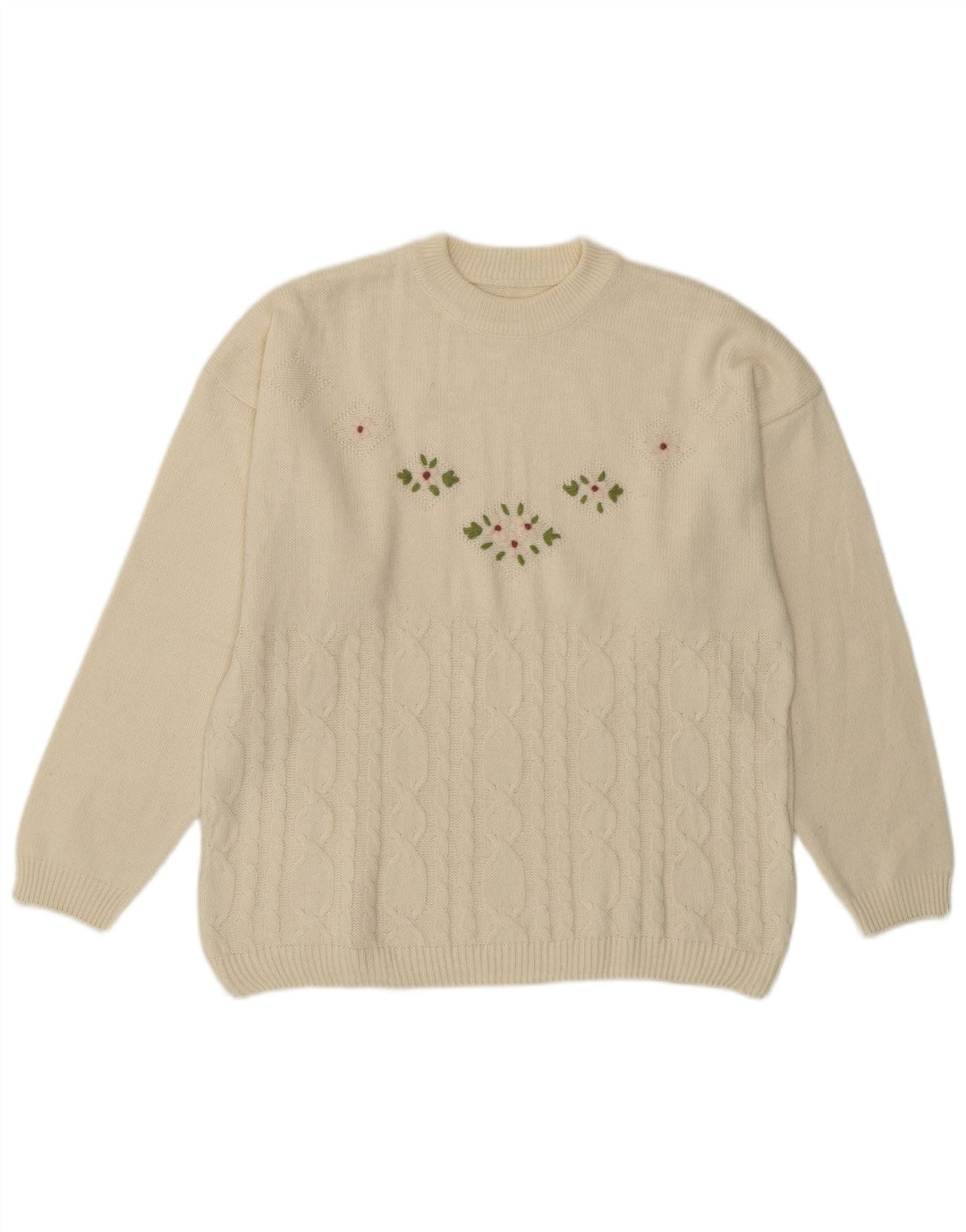 Vintage damski sweter z okrągłym dekoltem UK 14, średni, biała wełna