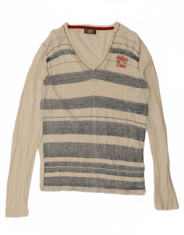 Damski sweter Iceberg z dekoltem w kształcie litery V, UK 16, duży, lniany w białe paski