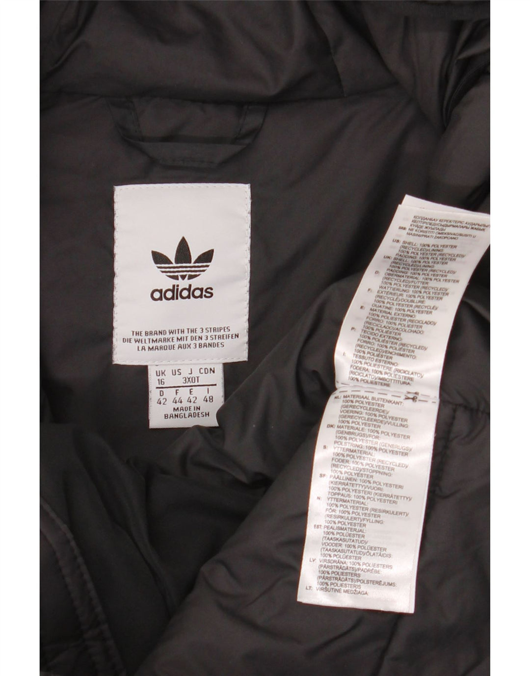 Damska kurtka z kapturem i wyściełaną Adidas UK 16, duża, czarna, poliestrowa