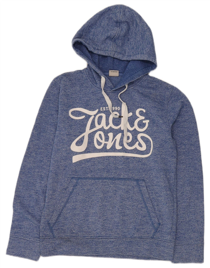 Męski sweter z kapturem Jack & Jones z grafiką, mały, niebieski, nakrapiany poliester