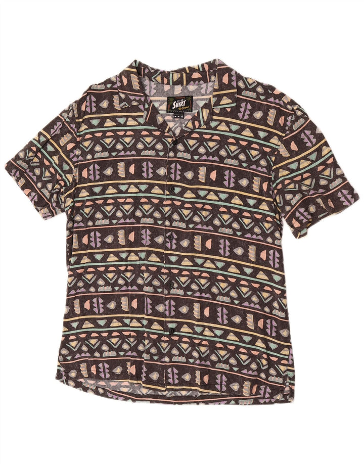 Męska koszula z krótkim rękawem Pull & Bear, średniobrązowa, geometryczna, hawajska