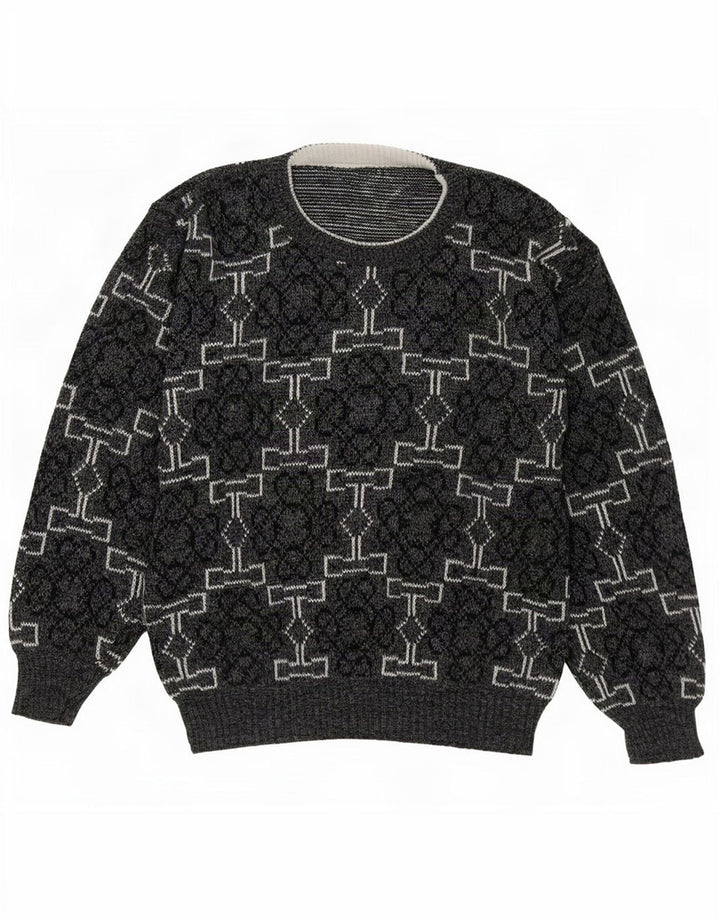Vintage męski sweter z okrągłym dekoltem, średnio szary, geometryczny