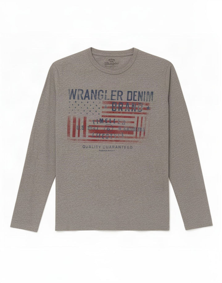 Męski graficzny top Wrangler z długim rękawem, średnioszary, bawełniany