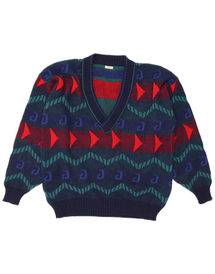 VINTAGE Mens V-Neck Jumper Sweater Large Blue Geometric Acrylic