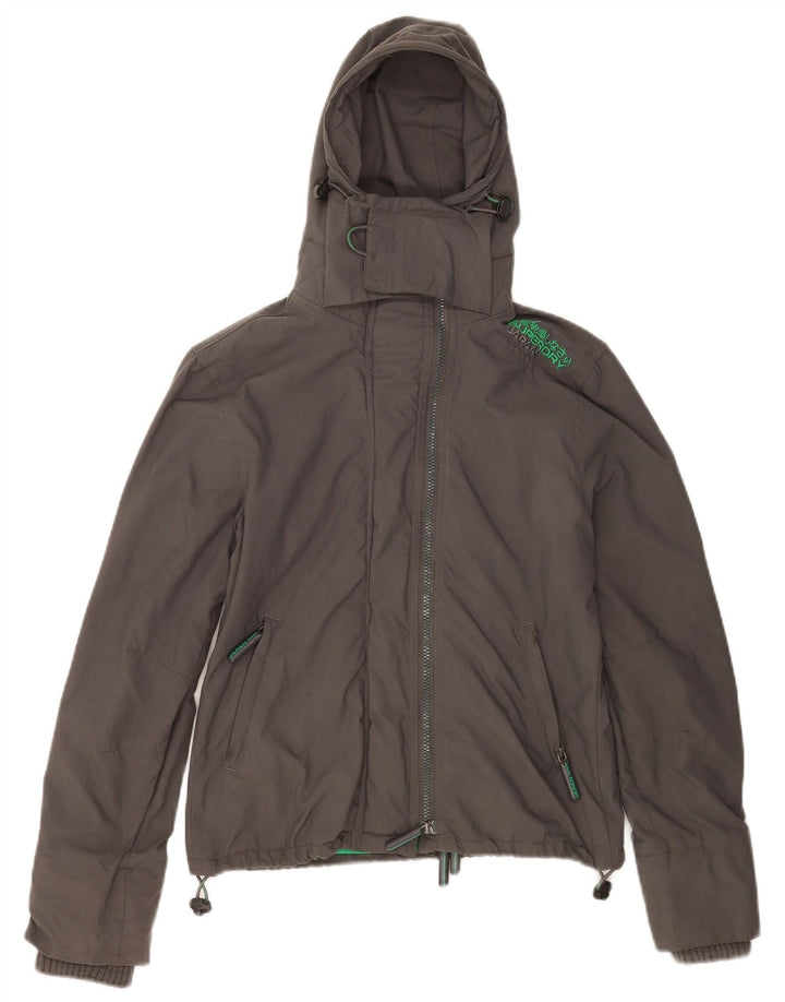 Damska kurtka wiatrówka z kapturem Superdry UK 10, mała, szara nylonowa