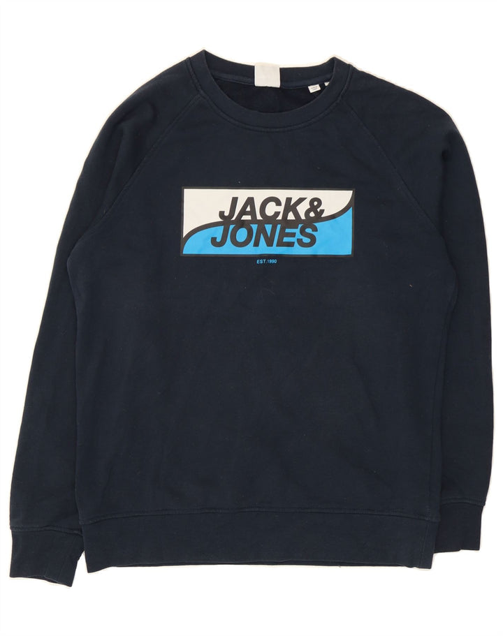 JACK & JONES Mens Graphic Sweatshirt Jumper Large Navy Blue Polyester Vintage Jack & Jones and Second-Hand Jack & Jones from Messina Hembry 