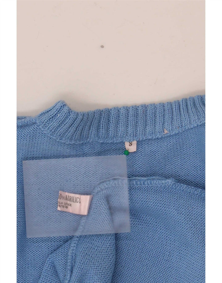 Vintage męski sweter z okrągłym dekoltem, mały, niebieski, geometryczny wełniany
