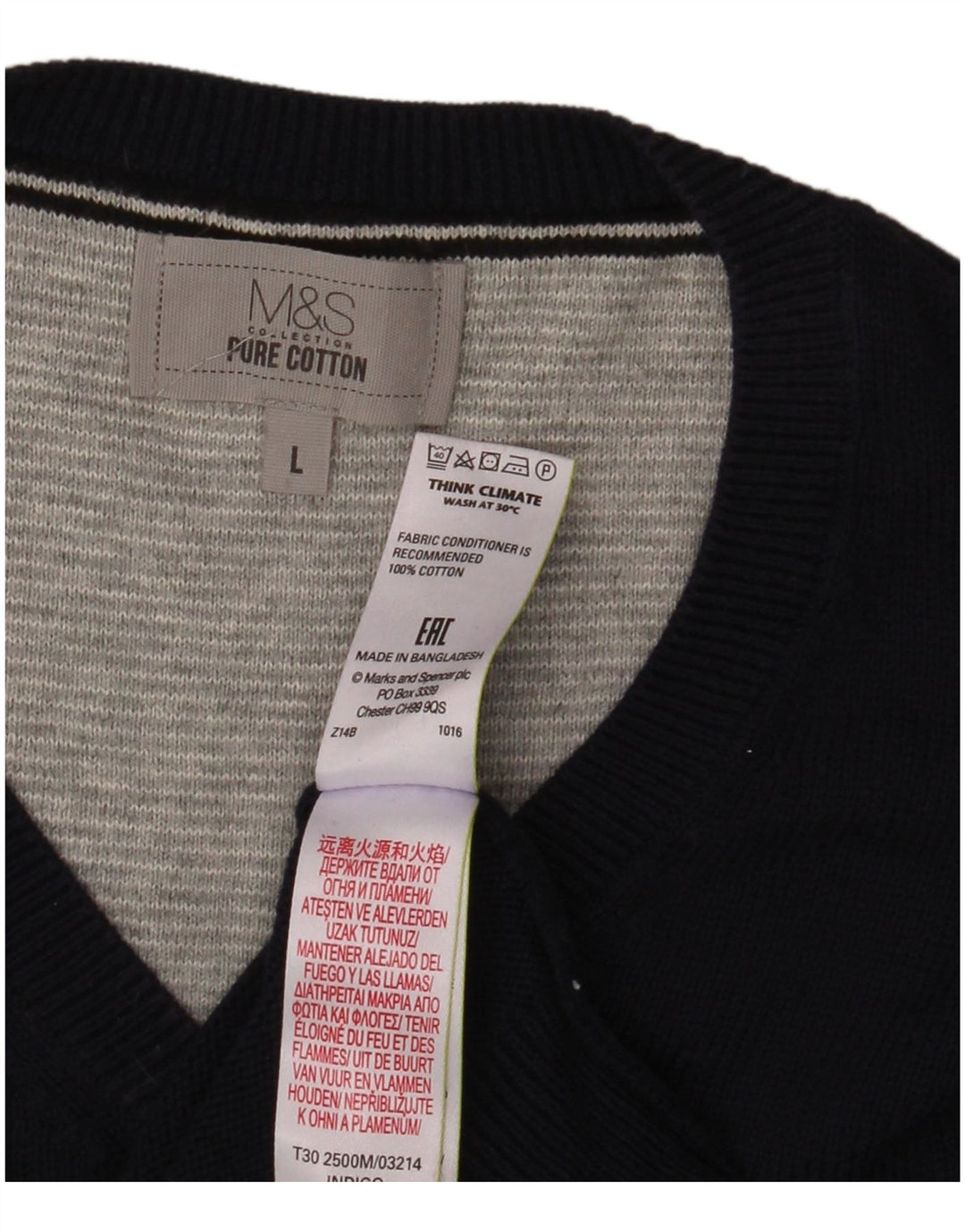 Marks & Spencer Męski sweter z dekoltem w kształcie litery V, duży, granatowy, bawełniany
