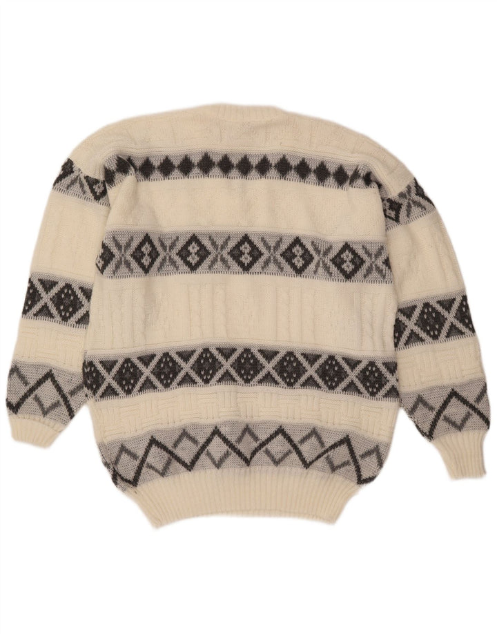 Męski sweter VINTAGE z dekoltem w kształcie litery V, duży, w kolorze złamanej bieli, Fair Isle