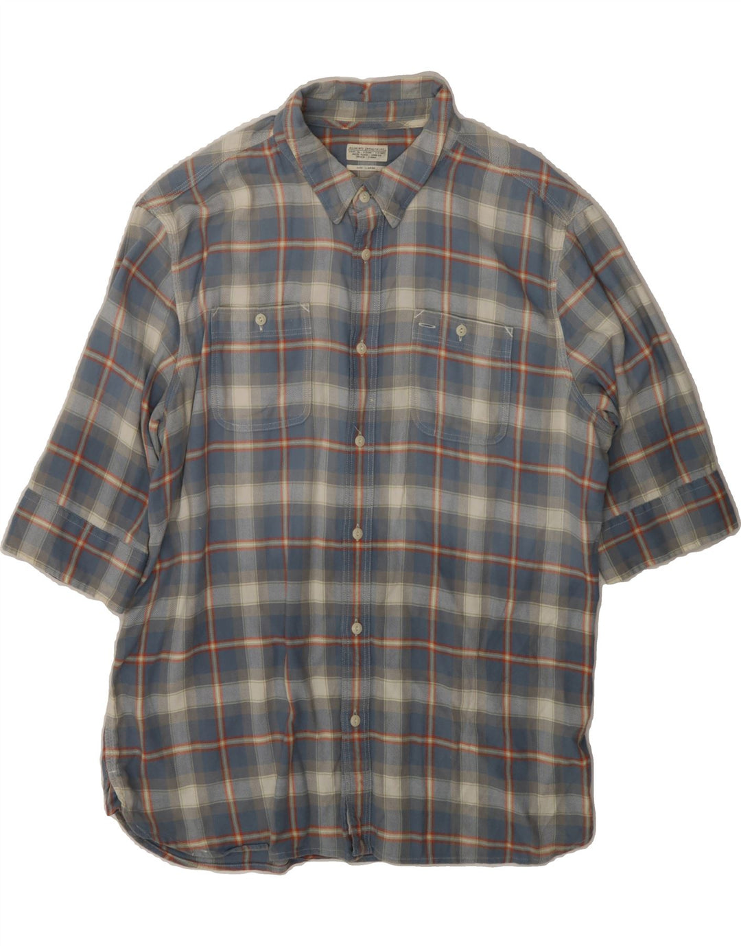 ALL SAINTS Mens 3/4 Sleeve Flannel Shirt Large Blue Check Cotton Vintage All Saints and Second-Hand All Saints from Messina Hembry 