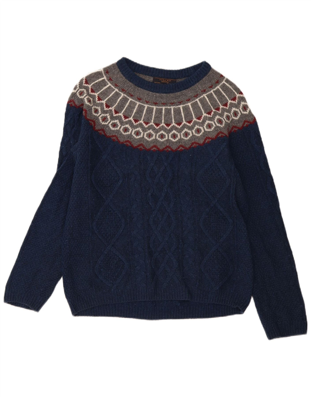 Męski sweter z dekoltem w łódkę Zara, średni granatowy Fair Isle