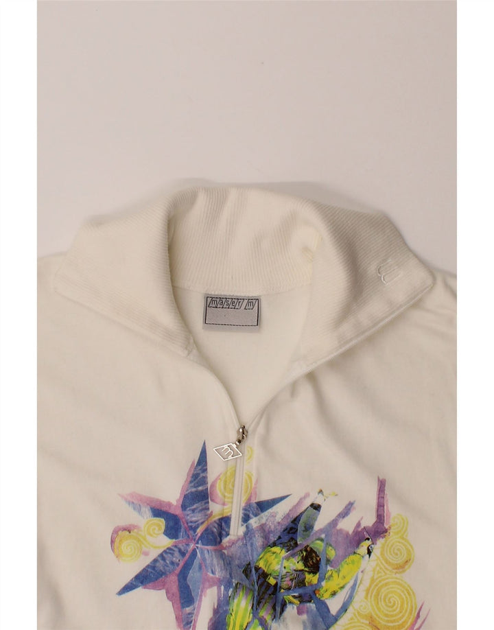 MASER M Womens Graphic Sweatshirt Jumper UK 12 Medium White Cotton Vintage Maser M and Second-Hand Maser M from Messina Hembry 