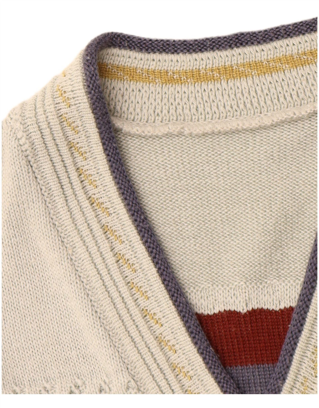 Vintage męski sweter z dekoltem w kształcie litery V, XL, biały, geometryczny