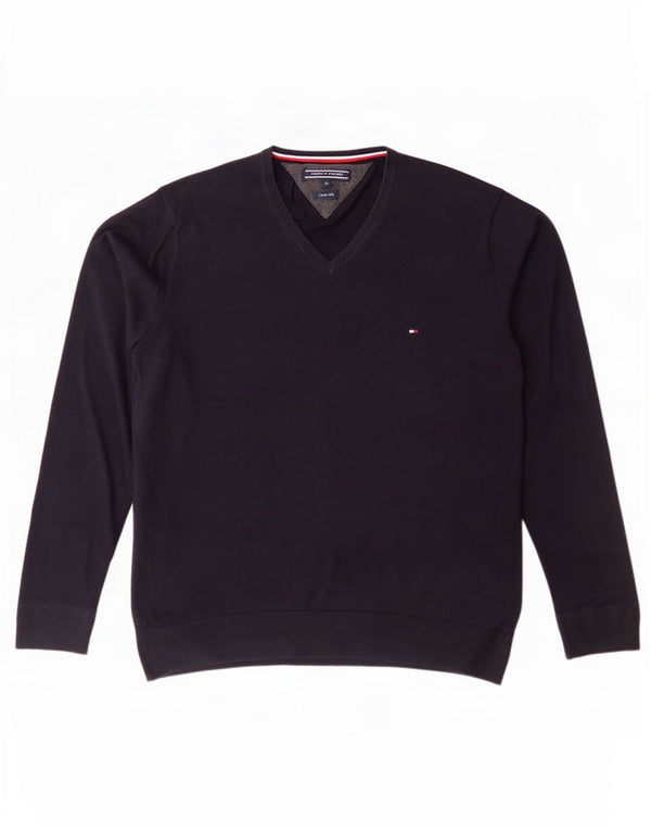 Tommy Hilfiger Męski sweter z dekoltem w kształcie litery V XL, granatowy, bawełniany