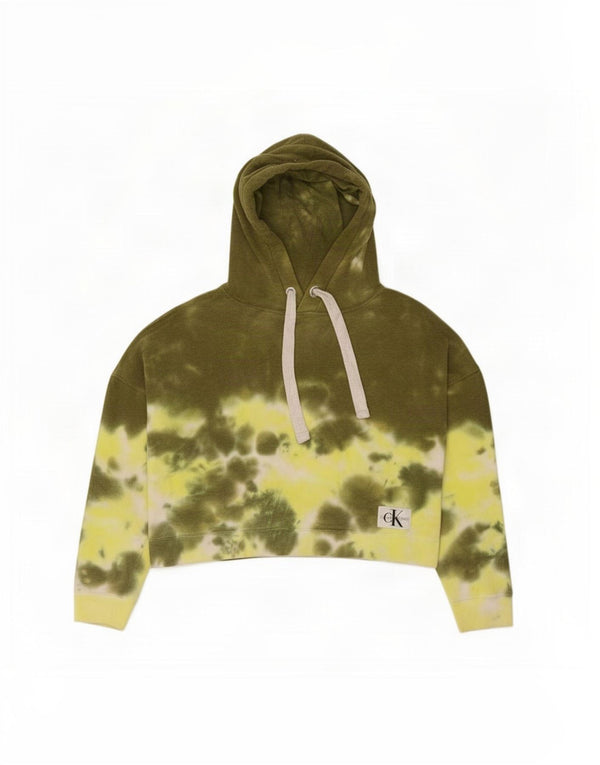 Calvin Klein Jeans Womens Crop Hoodie Jumper UK 12 Medium Green Tie Dye