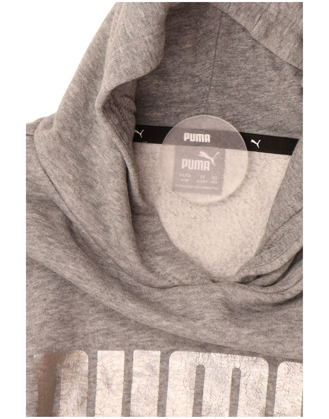 Dziewczęcy sweter z kapturem i grafiką PUMA, 9-10 lat, szara bawełna