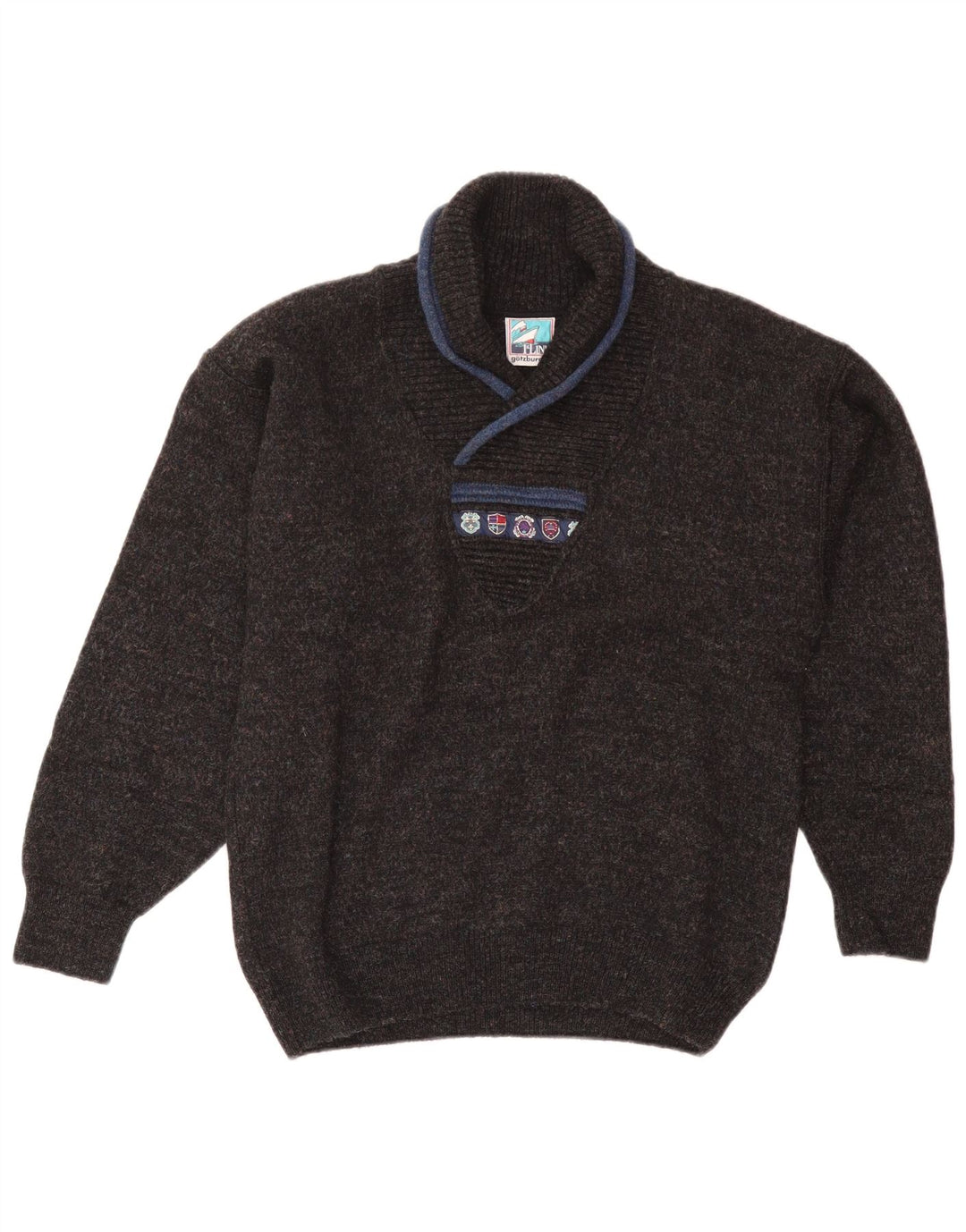 Vintage męski sweter z szalowym dekoltem, średni granatowy wełniany