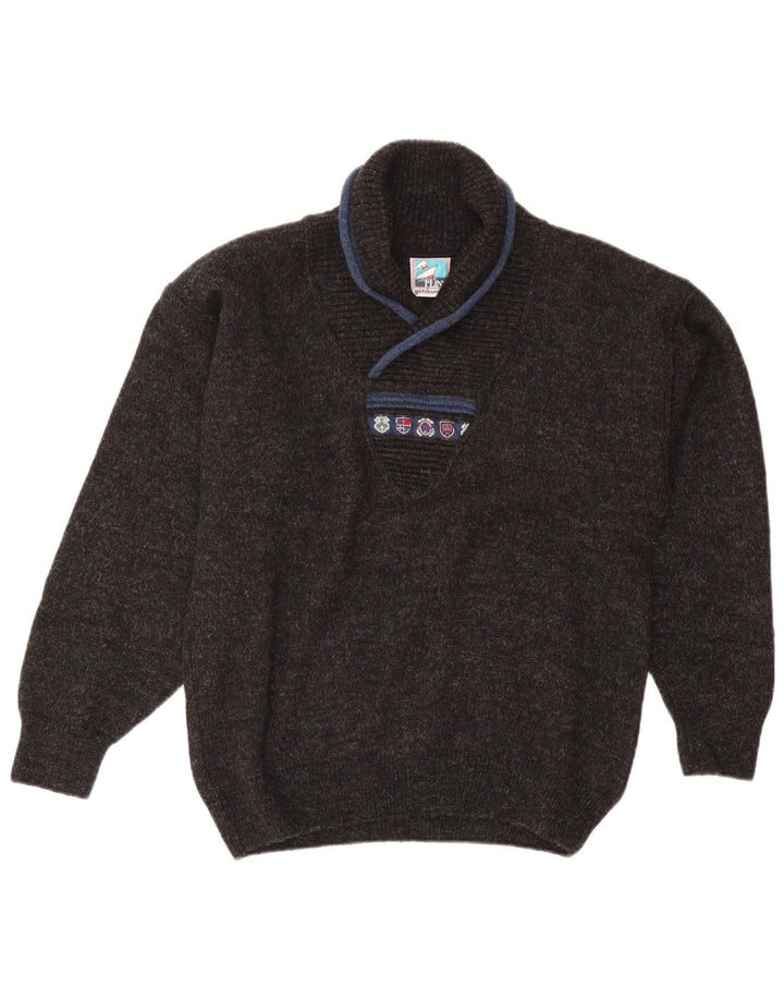 Vintage męski sweter z szalowym dekoltem, średni granatowy wełniany