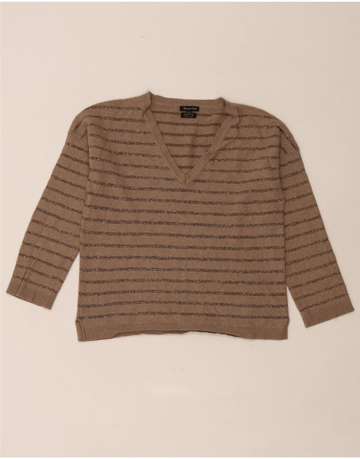 Sweter damski Massimo Dutti z dekoltem w kształcie litery V, UK 10, w małe brązowe paski