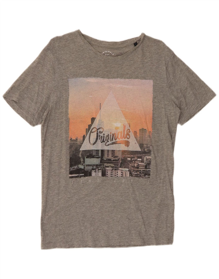 Męski T-shirt z grafiką JACK & JONES, duży, szary, bawełniany w plamki