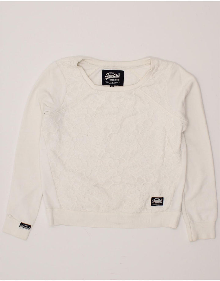 SUPERDRY Womens Oversized Sweatshirt Jumper UK 10 Small White Floral Vintage Superdry and Second-Hand Superdry from Messina Hembry 