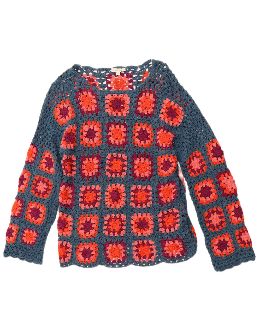 Damski sweter MONSOON szydełkowany z dekoltem w łódkę UK 10 w małą niebieską kratkę