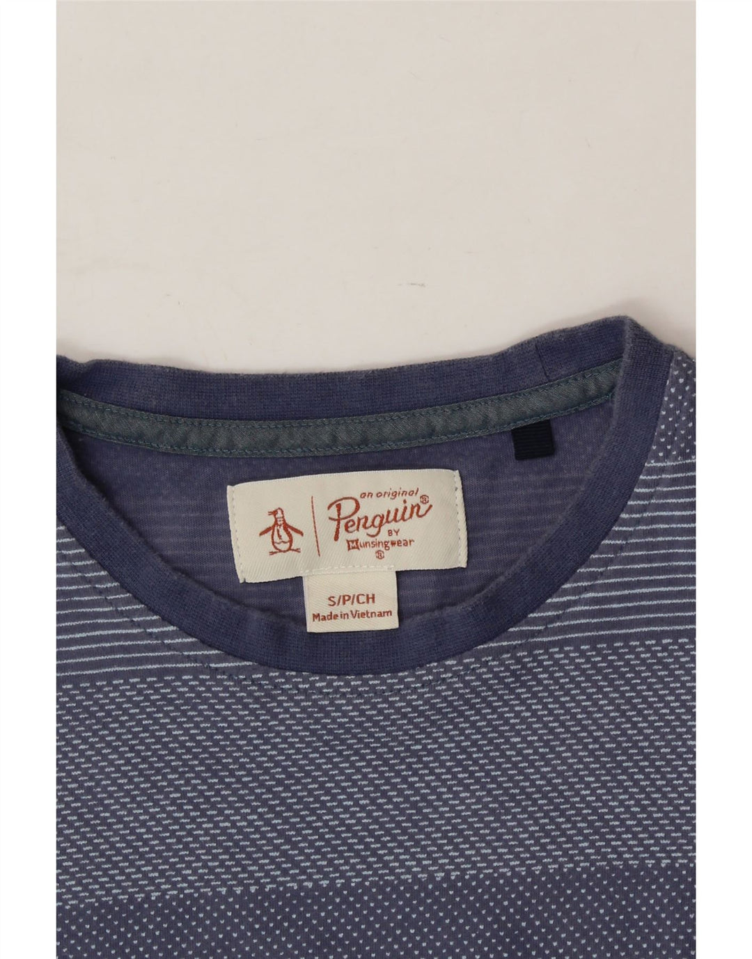 PENGUIN Mens T-Shirt Top Small Blue Striped Vintage Penguin and Second-Hand Penguin from Messina Hembry 