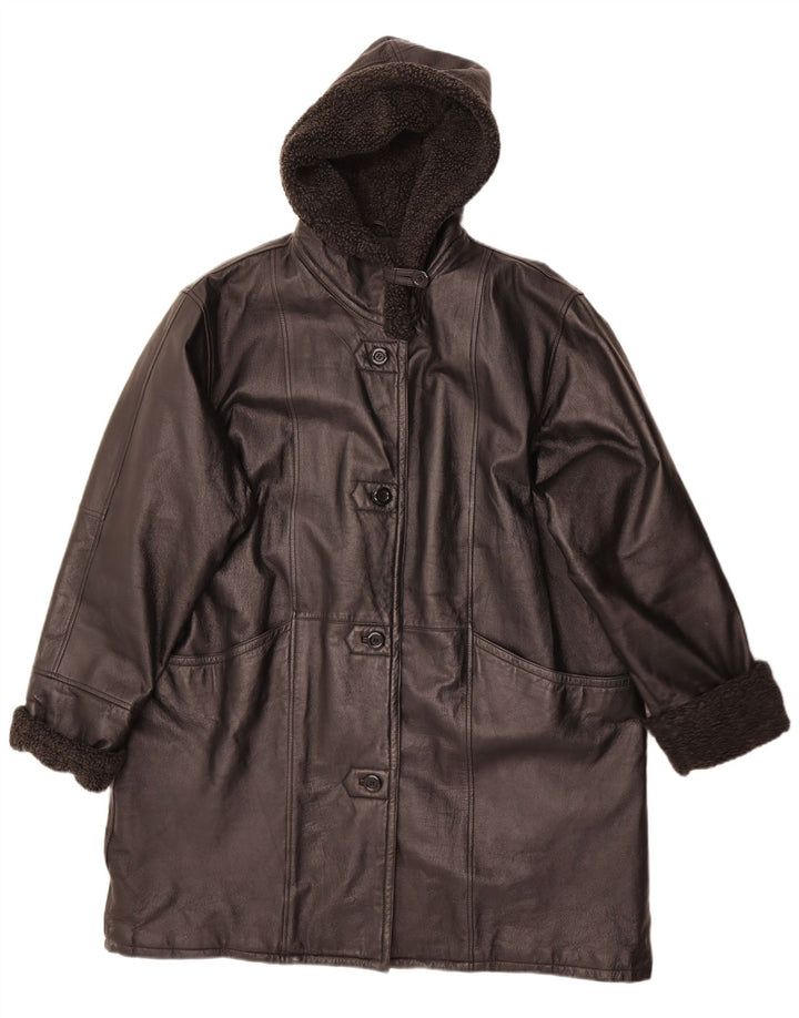 Damski płaszcz skórzany z kapturem Modern Classics UK 22 3XL Czarna skóra