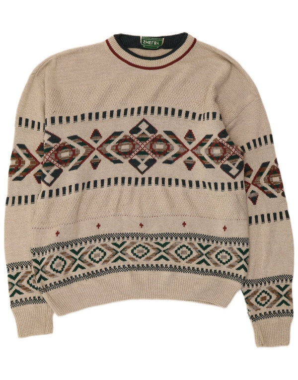 Męski sweter z okrągłym dekoltem w stylu VINTAGE, średnio beżowy Fair Isle