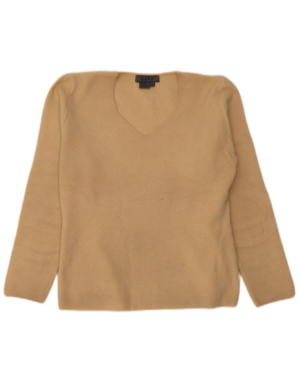 Zara Womens V-Neck Jumper Sweater UK 16 Large Beige Wool