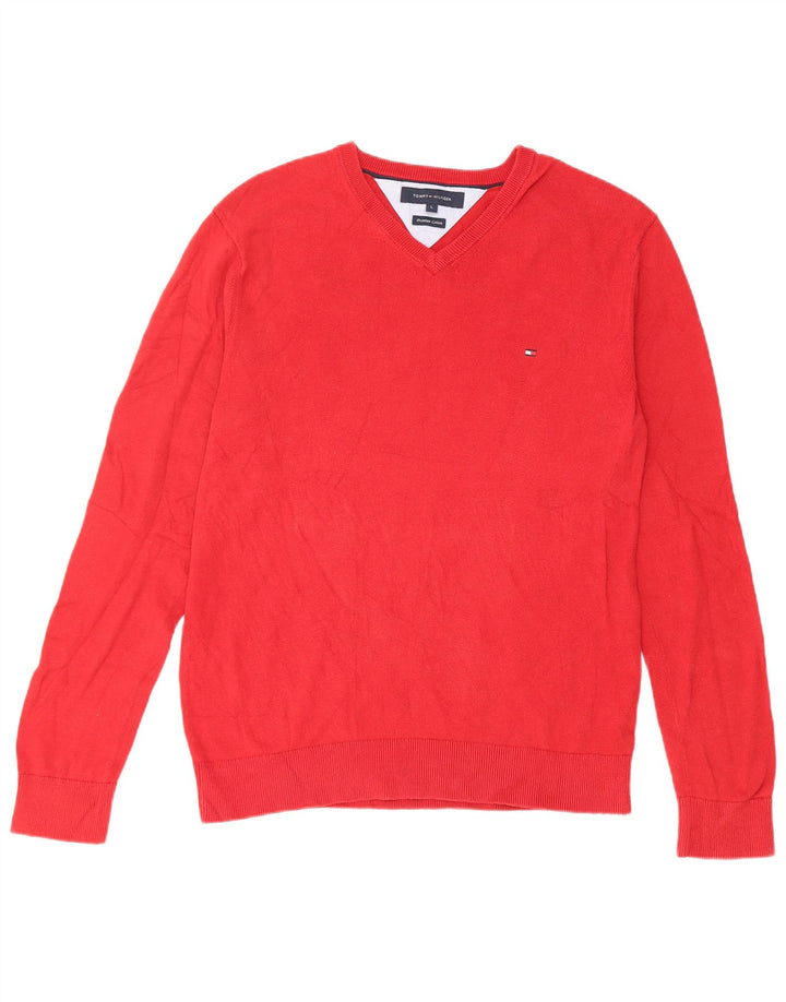 Męski sweter Tommy Hilfiger z dekoltem w kształcie litery V, duży, czerwony, bawełniany