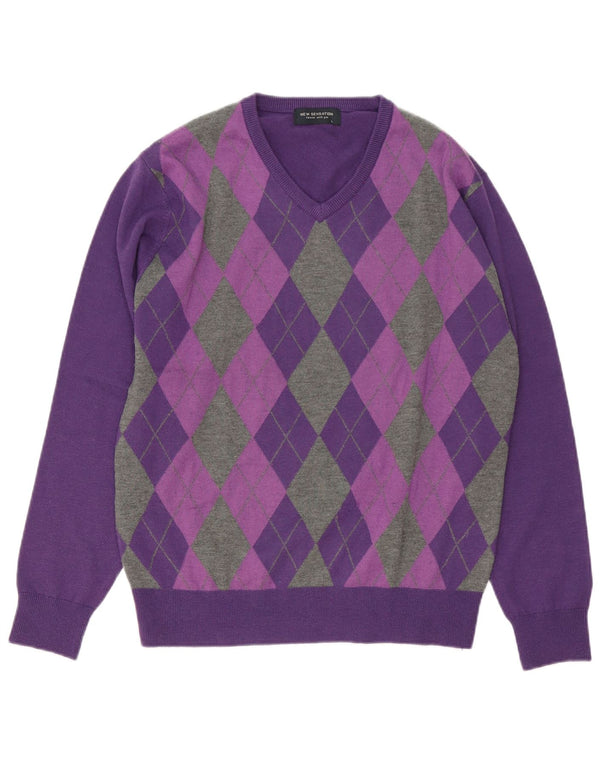 Męski sweter New Sensation z dekoltem w kształcie litery V, duży, fioletowy, wykonany z tkaniny argyle/diamentowej wełny