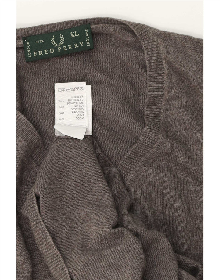 Męski sweter Fred Perry z dekoltem w kształcie litery V, XL, szara wełna