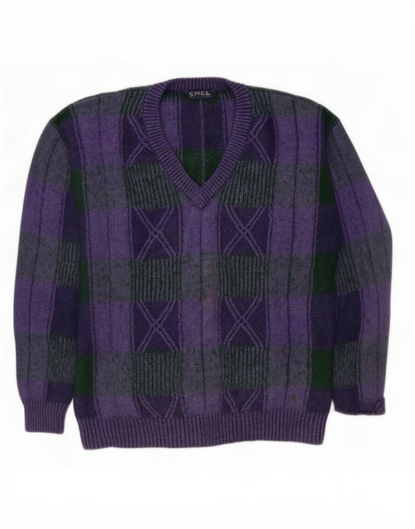 Vintage męski sweter z dekoltem w kształcie litery V, XL, fioletowa kratka