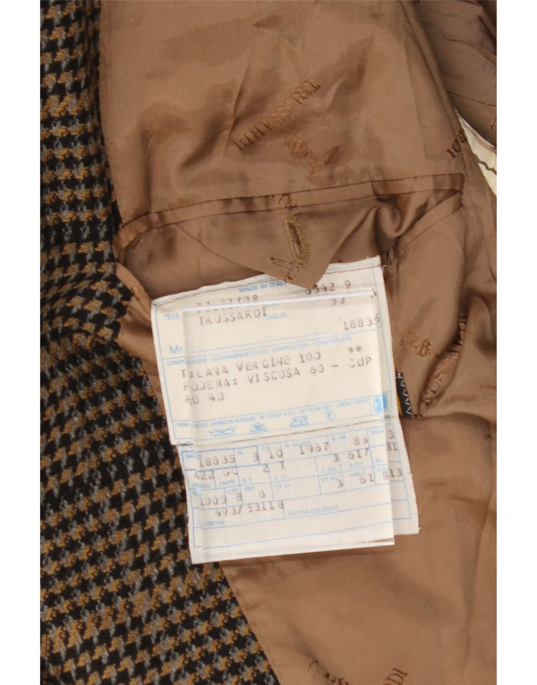 TRUSSARDI Mens 1 Button Blazer Jacket IT 50 Large Brown Houndstooth Vintage Trussardi and Second-Hand Trussardi from Messina Hembry 