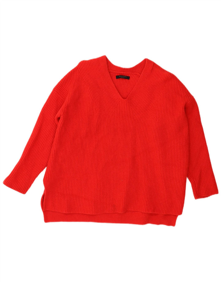 Damski sweter oversize All Saints z dekoltem w kształcie litery V, UK 14, średnia czerwona wełna