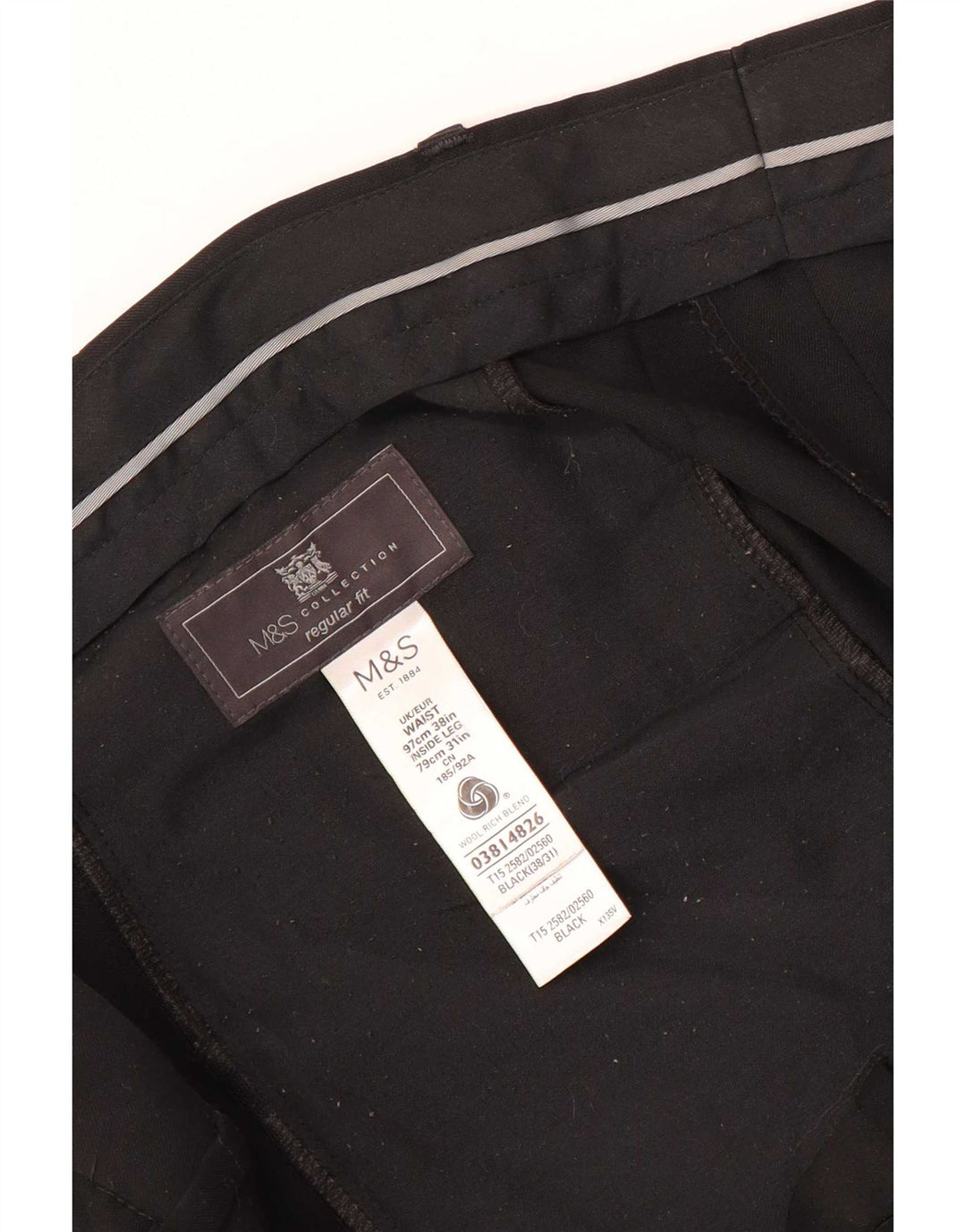 Męskie spodnie garniturowe Marks & Spencer o regularnym kroju W38 L31 Czarna wełna