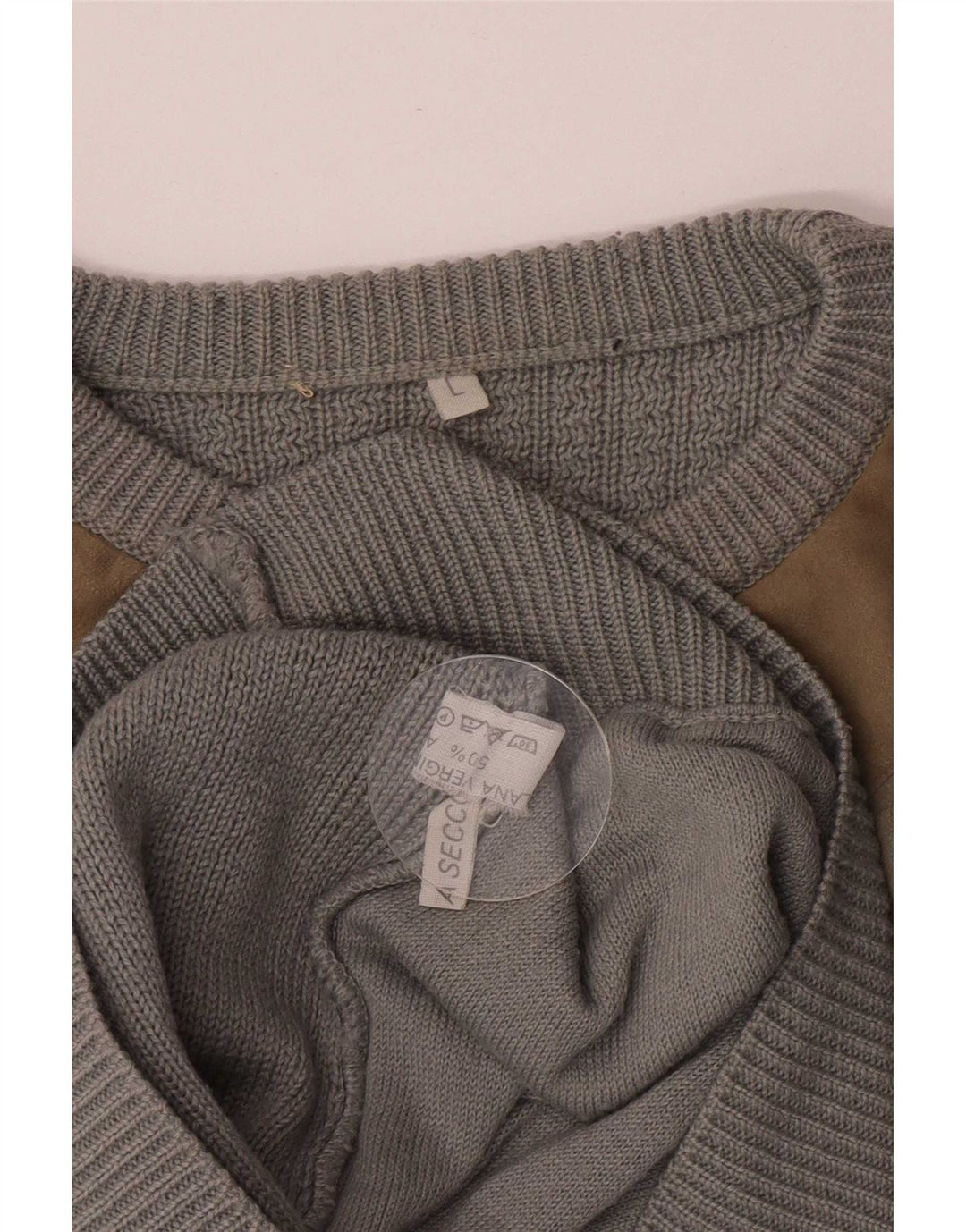 Vintage męski sweter z okrągłym dekoltem, duży, szary, wełniany blok kolorów
