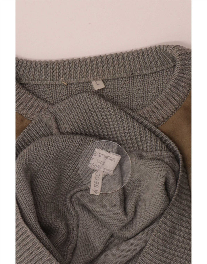 Vintage męski sweter z okrągłym dekoltem, duży, szary, wełniany blok kolorów