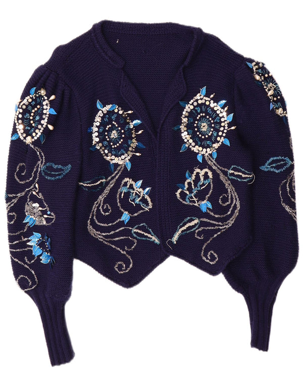 Vintage damski sweter bolerko UK 14, średni granatowy w kwiaty