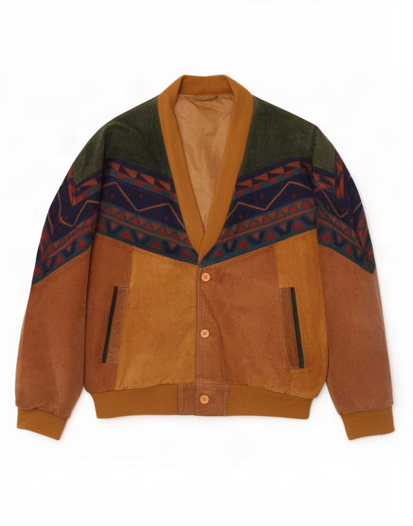 Vintage męska zamszowa kurtka bomber o luźnym kroju UK 38 w średnim beżowym geometrycznym kolorze