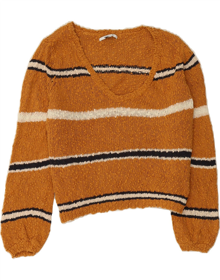 O'NEILL Womens Oversized V-Neck Jumper Sweater UK 16 Large Brown Striped Vintage O'Neill and Second-Hand O'Neill from Messina Hembry 