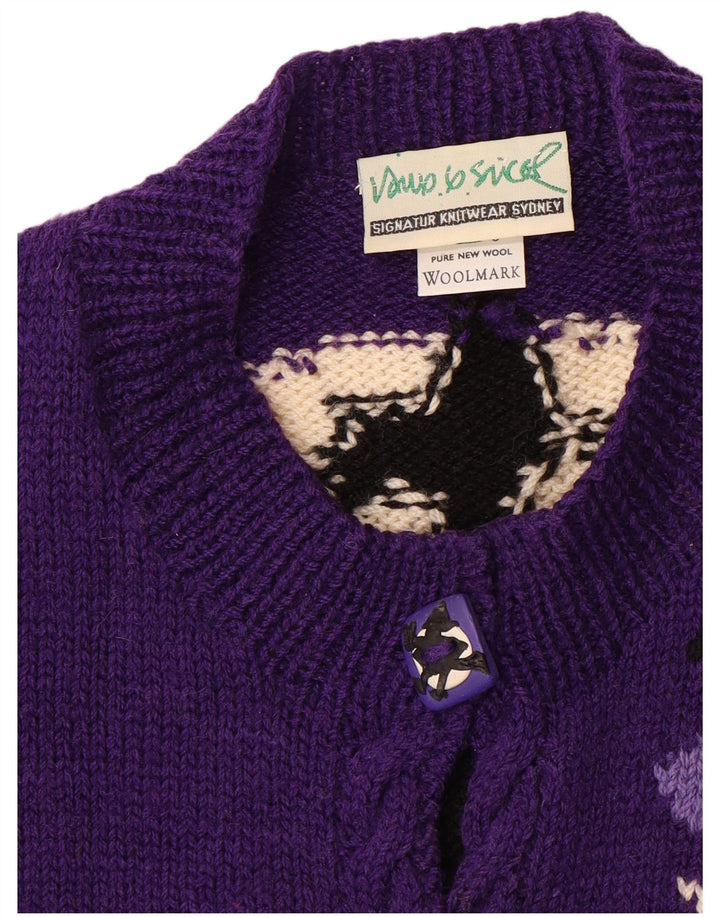 Damski sweter rozpinany VINTAGE Graphic UK 20 2XL Fioletowa wełna z blokami kolorów