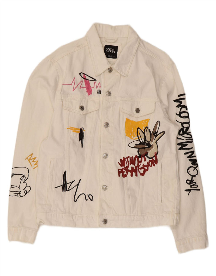 Męska kurtka jeansowa Zara Graphic UK 40, duża, biała, bawełniana