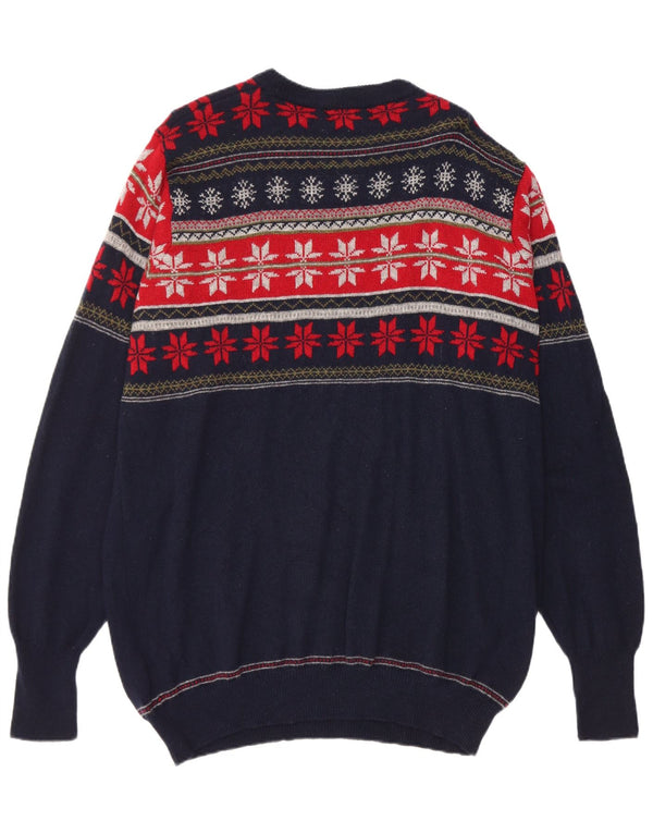 Marks & Spencer Męski sweter z okrągłym dekoltem, duży, granatowy Fair Isle