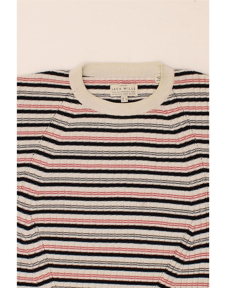 JACK WILLS Womens Crew Neck Jumper Sweater UK 12 Medium  Beige Striped Vintage Jack Wills and Second-Hand Jack Wills from Messina Hembry 